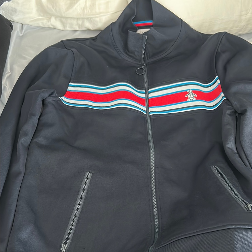Original Penguin Black Bomber Jacket with Red and Blue Accents